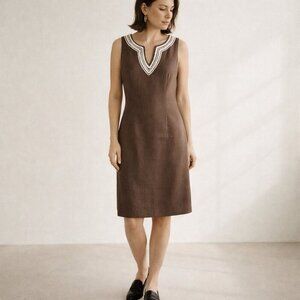 Talbots 100% Linen Brown Dress Vintage 90s Embroidered Knee Length Lined Size 6